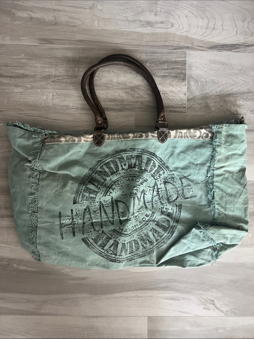 Handmade Mint Canvas Tote Bag with Brown Handles